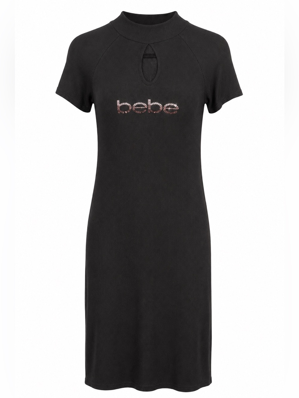 Bebe Rhinestone Logo Mock Neck Black Dress Y2K Size M NWOT